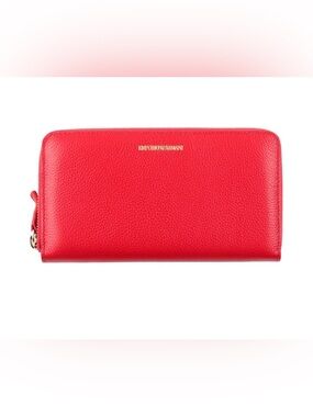 Emporio Armani Red Pebbled Zip Wallet with Gold Logo